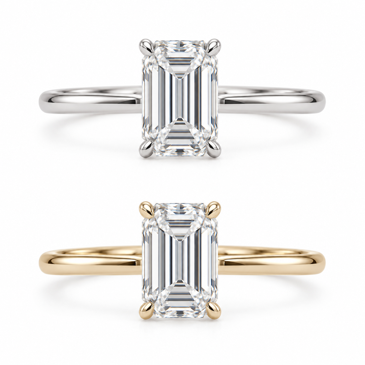 Solitaire émeraude, or blanc et jaune 14K / Emerald-cut solitaire, 14K white and yellow gold